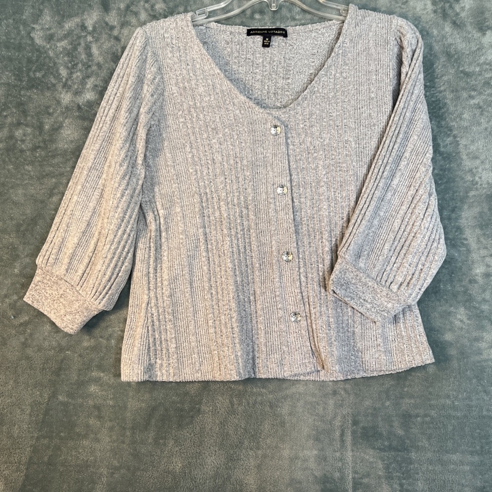 Adrienne Vittadini Ribbed Light Gray Women's Size M Pullover Sweater 3/4 Sleeves